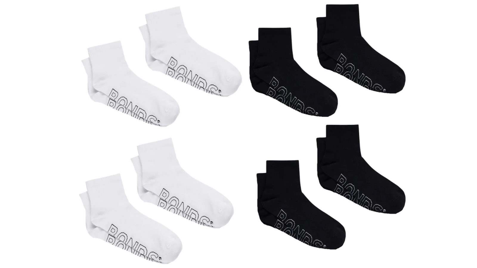 Bonds 8 Pairs Bonds Lightweight 1/4 Quarter Crew Mens Cotton Socks - Black and White