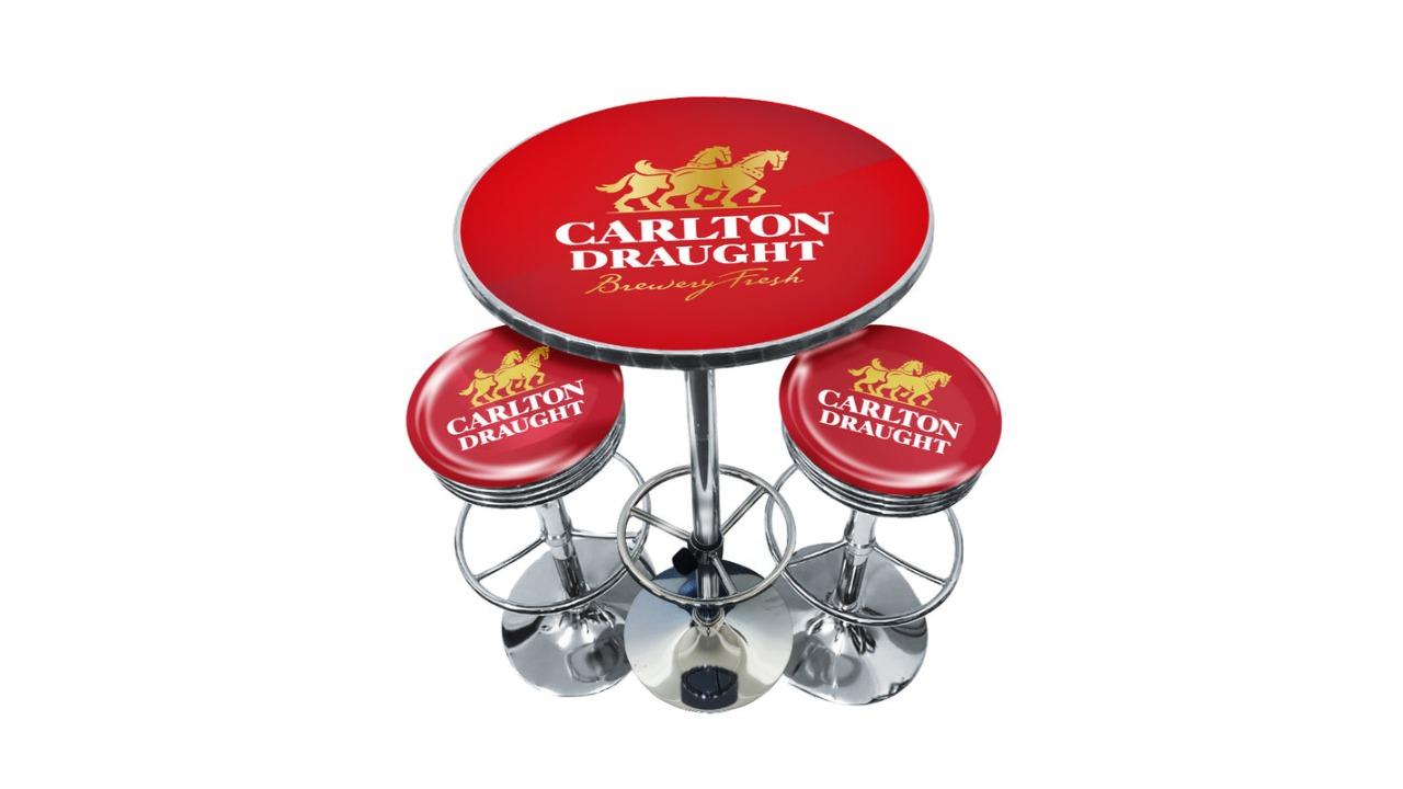 A Man and His Cave 3 Piece 70cm Carlton Draught Retro Bar Stool and Table Set - Red