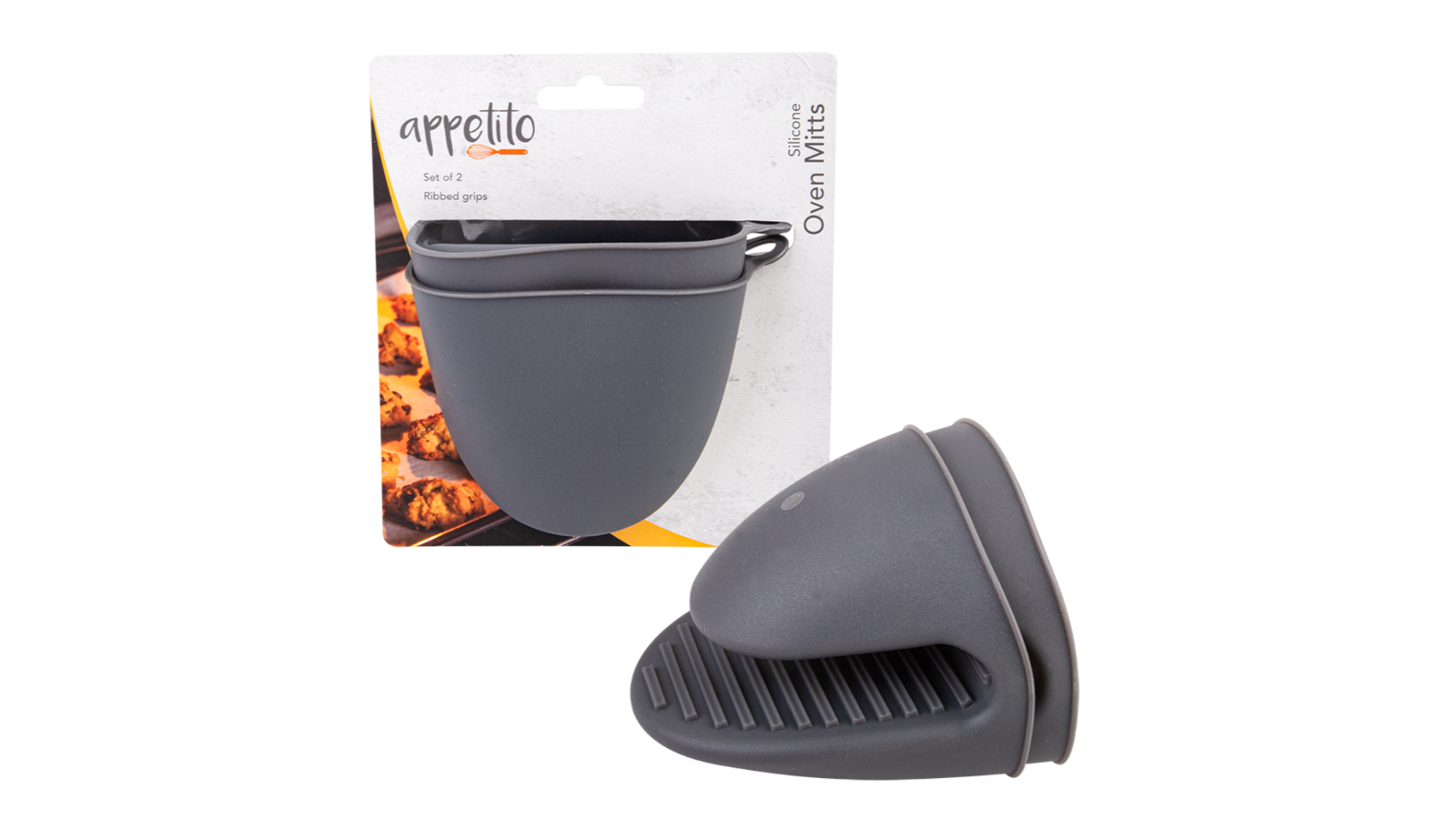 Appetito 2 Piece Heat Resistant Grey Silicone Oven Mitts Set with Ridgid Grip