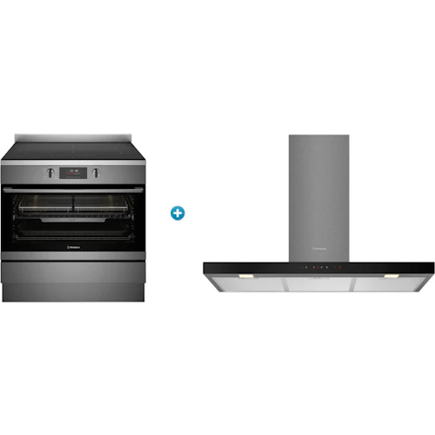 Westinghouse 900mm Pyrolytic Induction Freestanding Oven with AirFry plus Canopy Rangehood with Hob2Hood Package