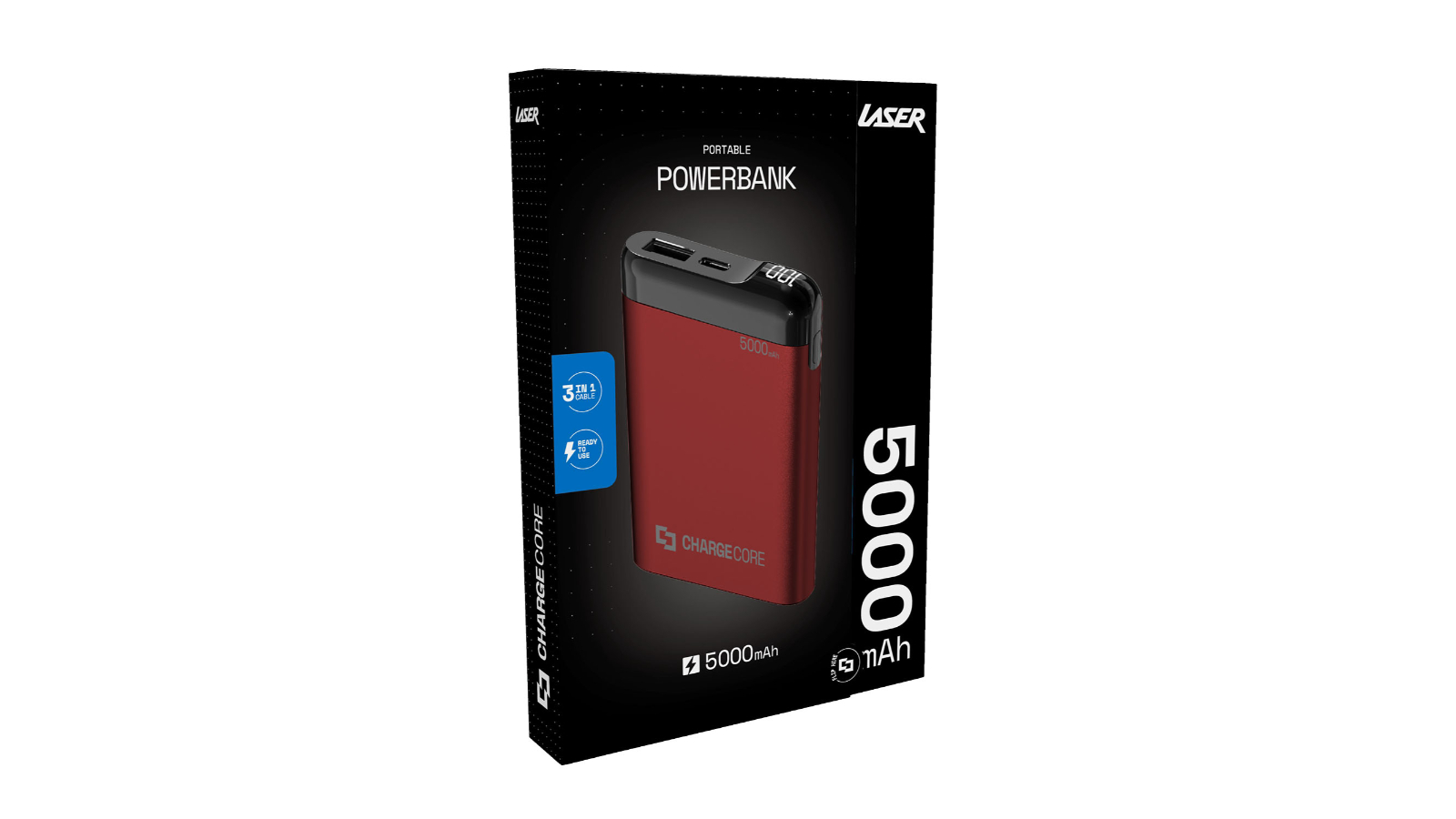 Laser 50000mAh Portable Power Bank – Red Aluminum – Dual USB, USB-C, Micro-USB, Lightning – With Cable