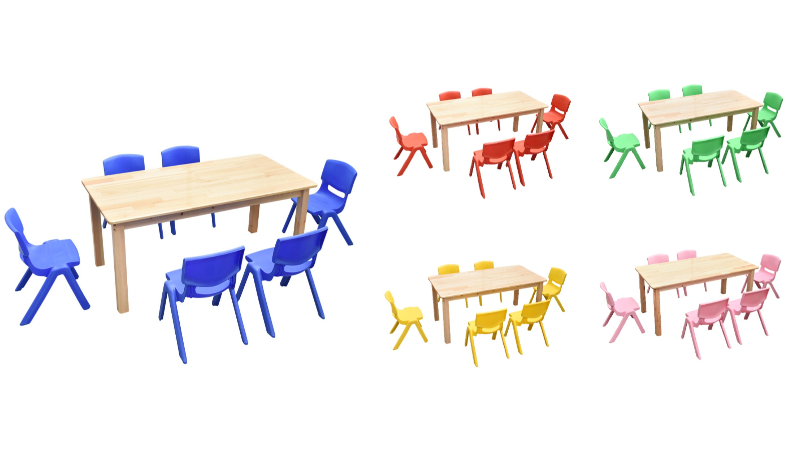HelloDeal 120 x 60cm Pinewood Kids Study Table and 6 Piece Plastic Chair Set