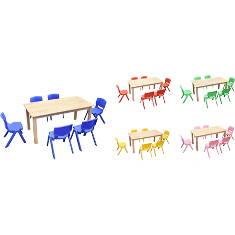 HelloDeal 120 x 60cm Pinewood Kids Study Table and 6 Piece Plastic Chair Set