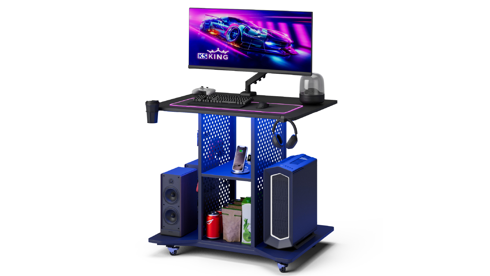 Advwin  80cm Movable Gaming Desk with LED Lights and Power Outlet  for Small Spaces - Black