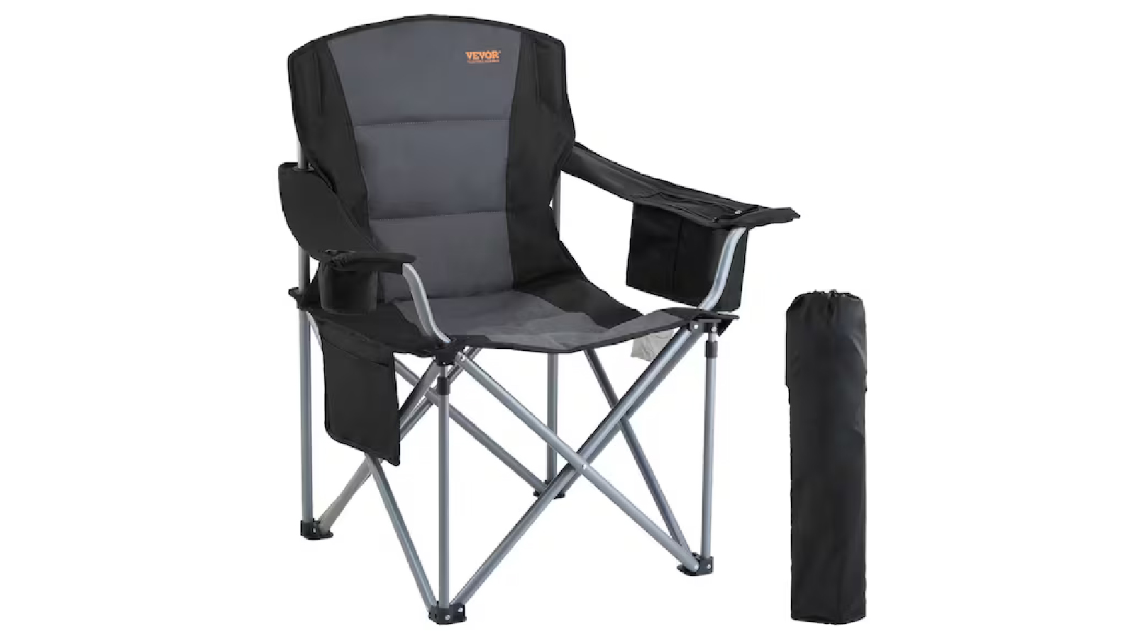 Pretty & Practical Heavy Duty Camping Folding Chair with Lumbar Support, Padded Armrest, Cooler Bag & Cup Holder - Black
