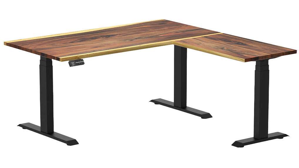 Desky 150 x 75 x 155 x 50cm Saman Hardwood L-Shape Sit Stand Desk - Matte Black