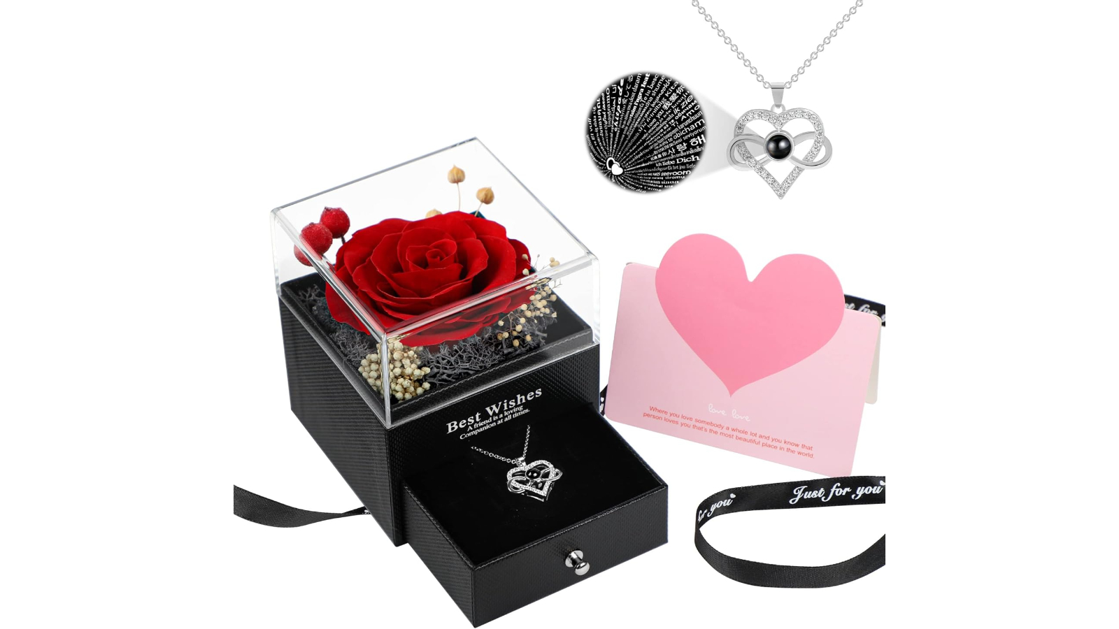 Pretty & Practical Preserved Real Rose Jewelry Box with I Love You Necklace