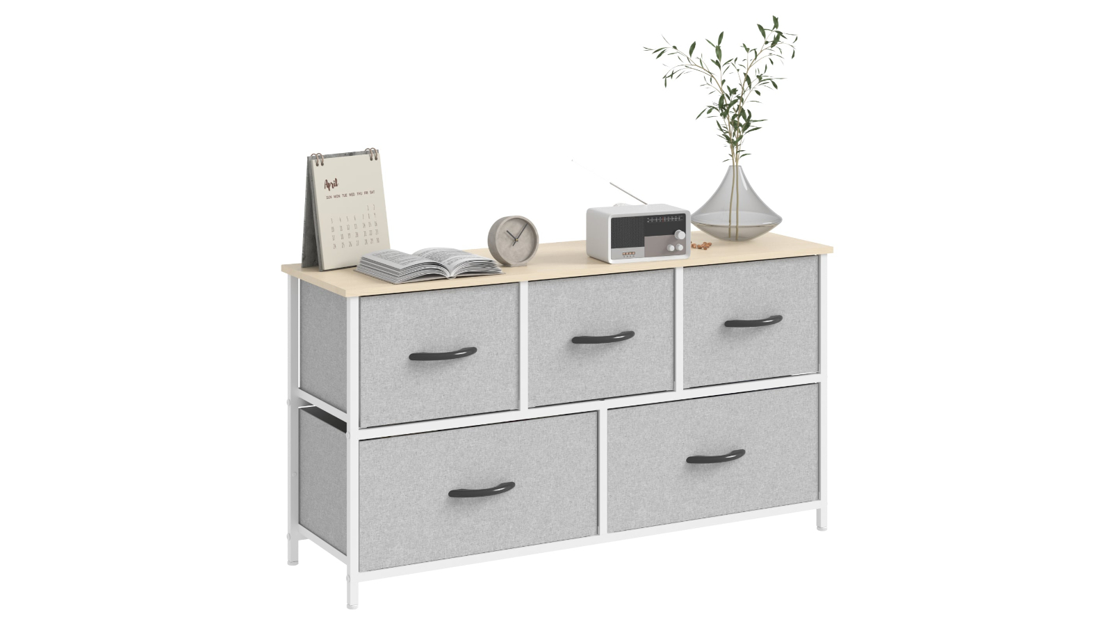 Advwin Fabric Chest of 5 Drawers Dresser Lowboy Storage Cabinet - Beige