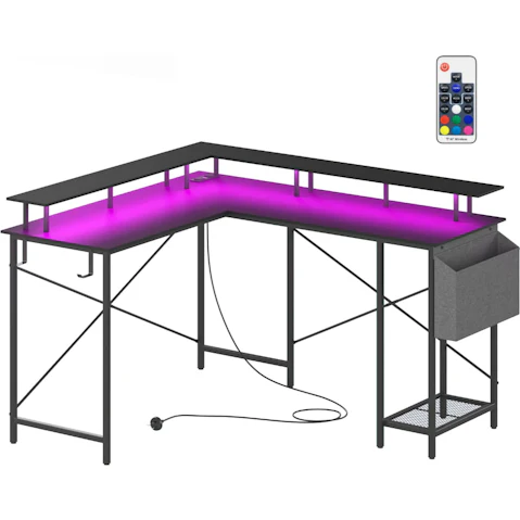 Advwin L-Shaped Gaming Desk with LED Light and Monitor Stand