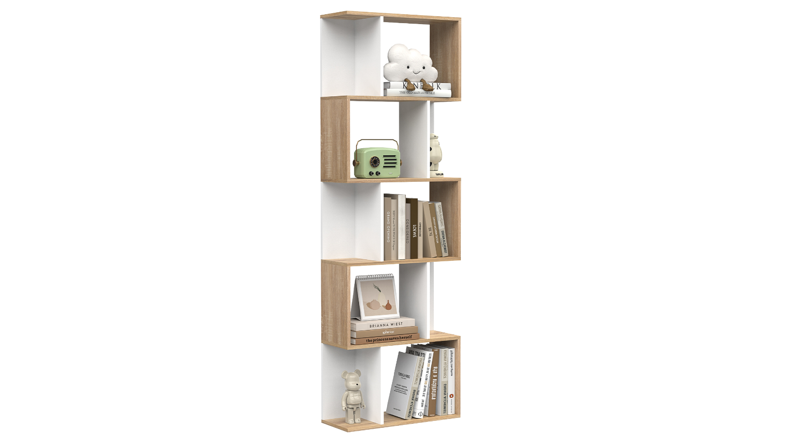 Advwin 5-Tier Wooden Bookcase Modern S-Shaped Multi-Functional Bookshelf Display
