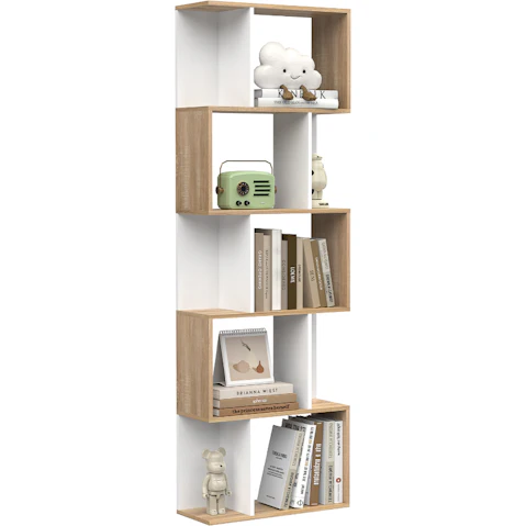Advwin 5-Tier Wooden Bookcase Modern S-Shaped Multi-Functional Bookshelf Display