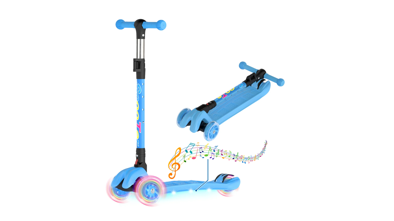 Advwin Kids Scooter Folding 4 Adjustable Height Light Up Wheel with Music - Blue