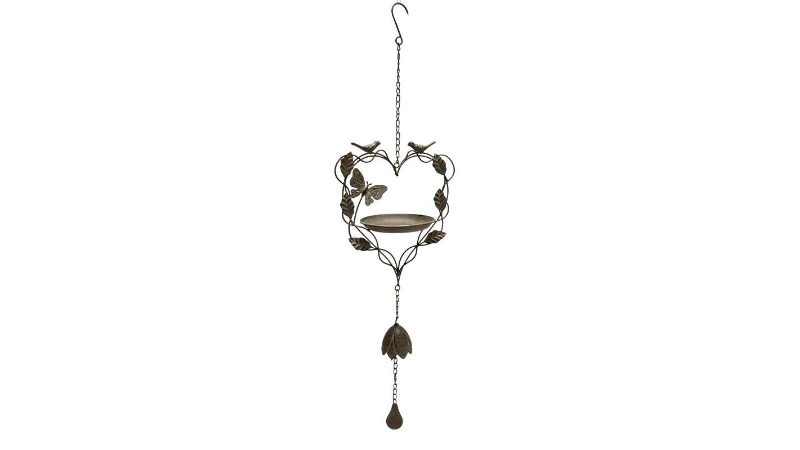 Willow and Silk Hanging Heart Shape Birdfeeder with Butterfly plus Bird - 27 x 16 x 87cm