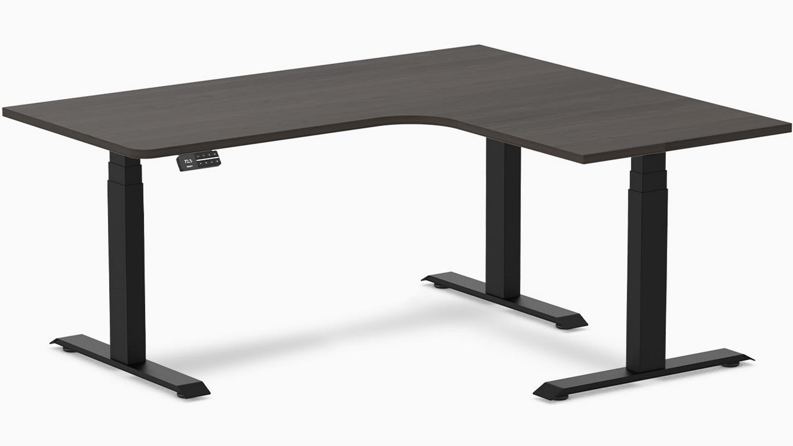 Desky Burnished Wood/Matte Black L-Shape Melamine Sit Stand Desk - 160 x 140cm