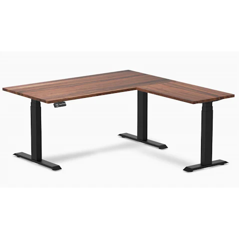 Desky Walnut/Matte Black Hardwood L-Shape Sit Stand Desk - 150 x 75 x 155 x 50cm