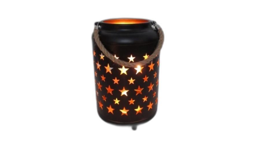 New Oriental Black Metal LED Lantern with Gold Inside and Rope Handle - Large