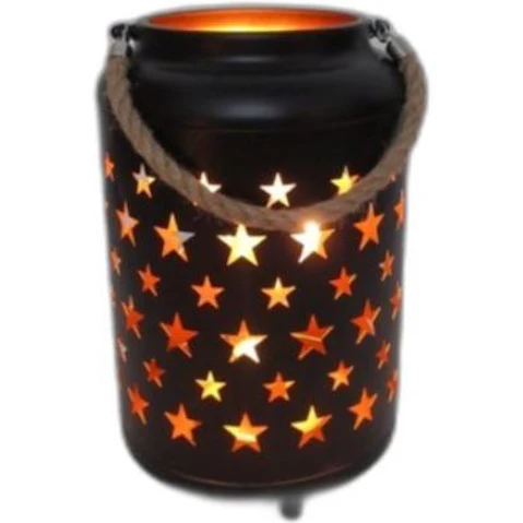 New Oriental Black Metal LED Lantern with Gold Inside and Rope Handle - Large