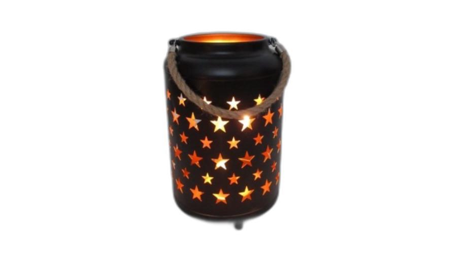 New Oriental Black Metal LED Lantern with Gold Inside and Rope Handle