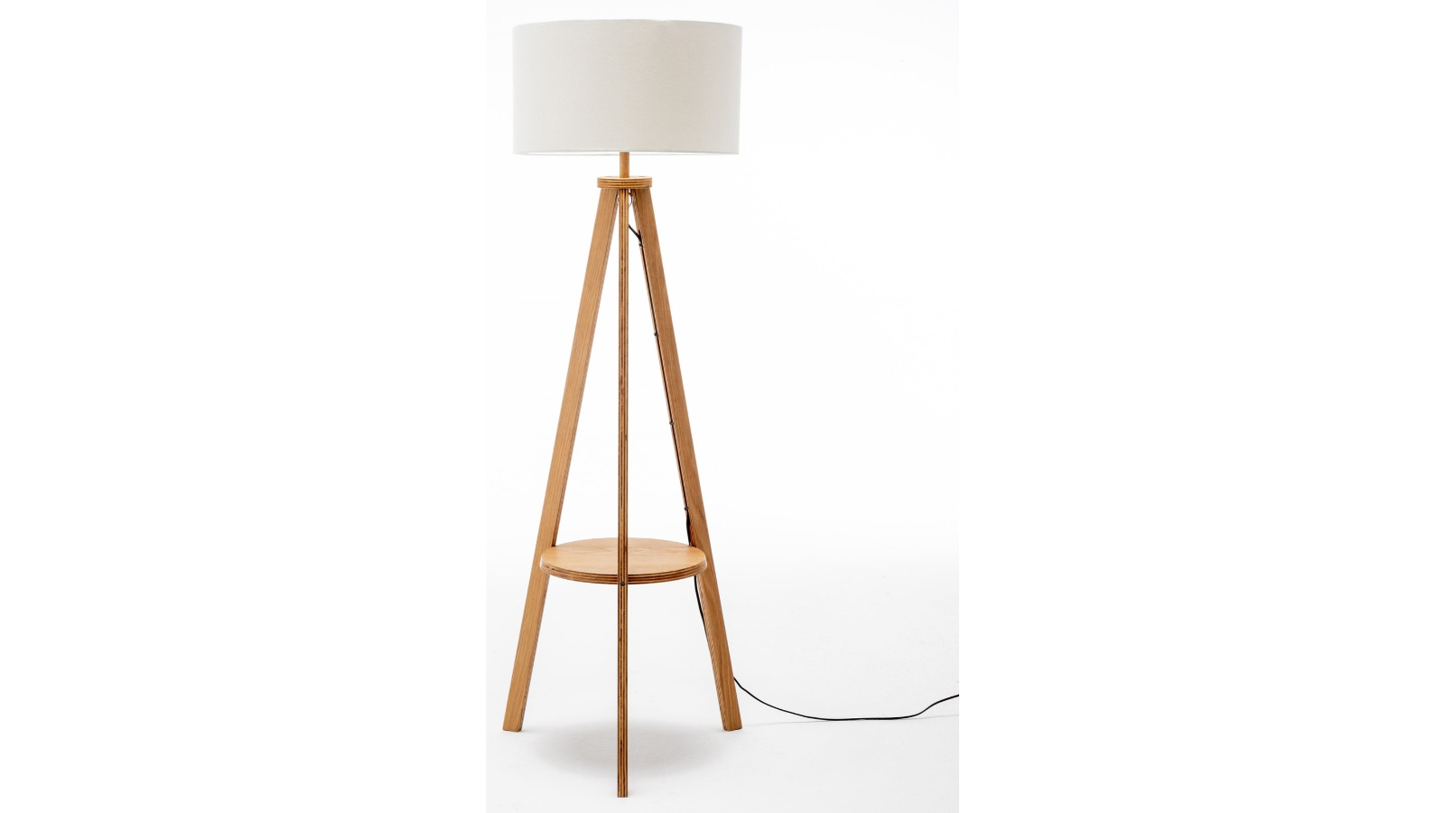 New Oriental Natural Wooden Tripod Floor Lamp with Round Wood Shelf + Off White Linen Shade