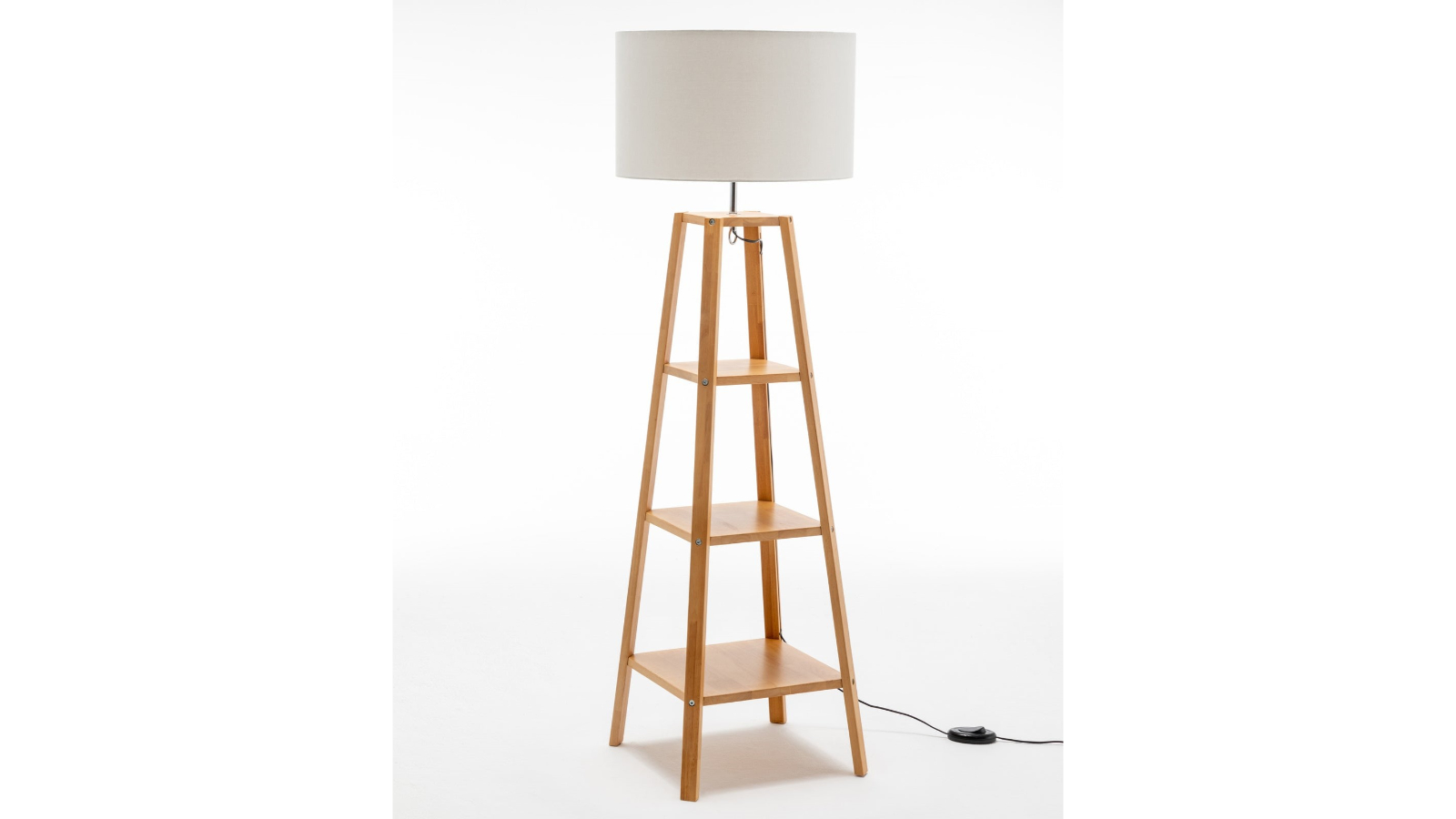 New Oriental 3-Tier Eiffel Natural Wood Floor Lamp with Storage Shelves + Off White Linen Shade