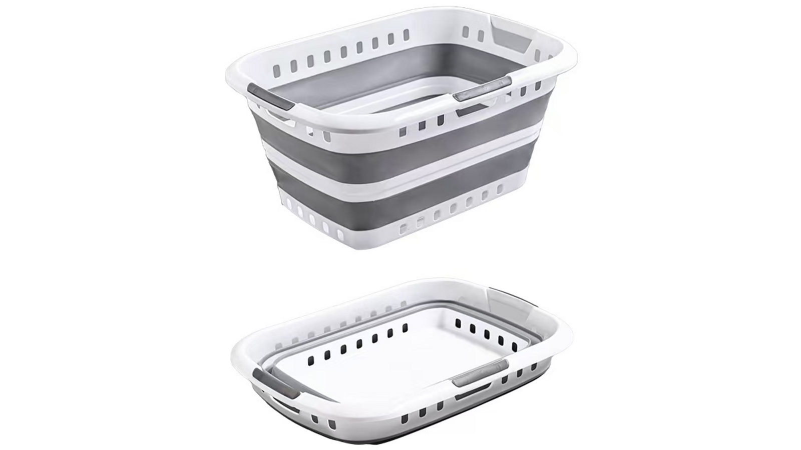 New Oriental Foldable Laundry Washing Basket 45L with 3x Hand Holders and Air-holes - Grey/White