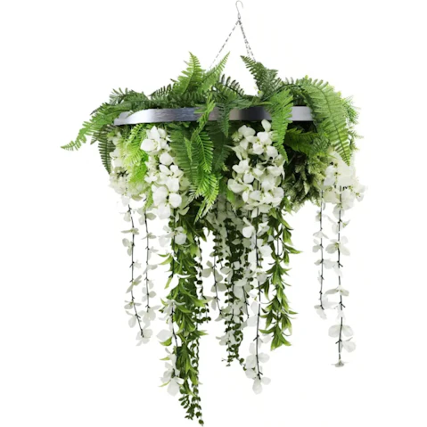 Designer Plants Silver Framed Hanging Disc with Draping Life-Like Wisteria Flower