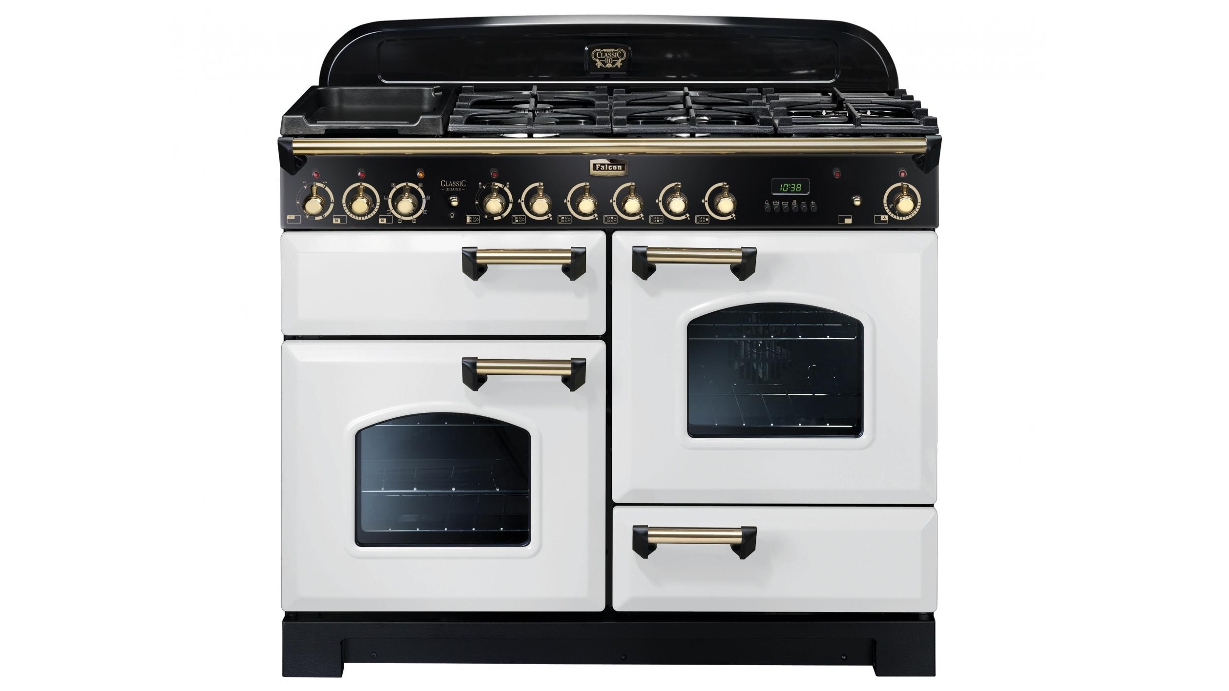 Falcon Classic Deluxe 1100mm Dual Fuel Freestanding Cooker White Brass Harvey Norman