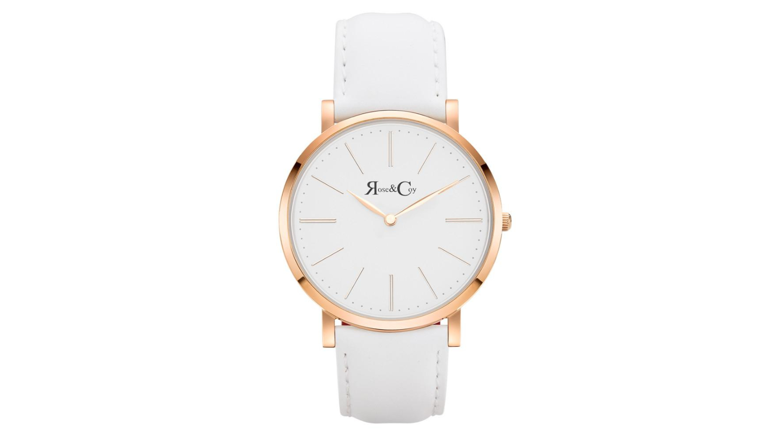 Rose and Coy 4cm Pinnacle Ultra Slim White Leather Watch - Rose Gold