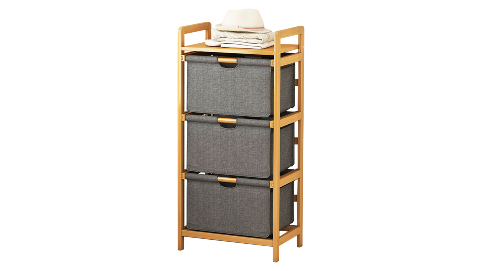 Serrano 3 Layer Bamboo Shelf with Storage Hamper - Wooden Bamboo Removable Bag