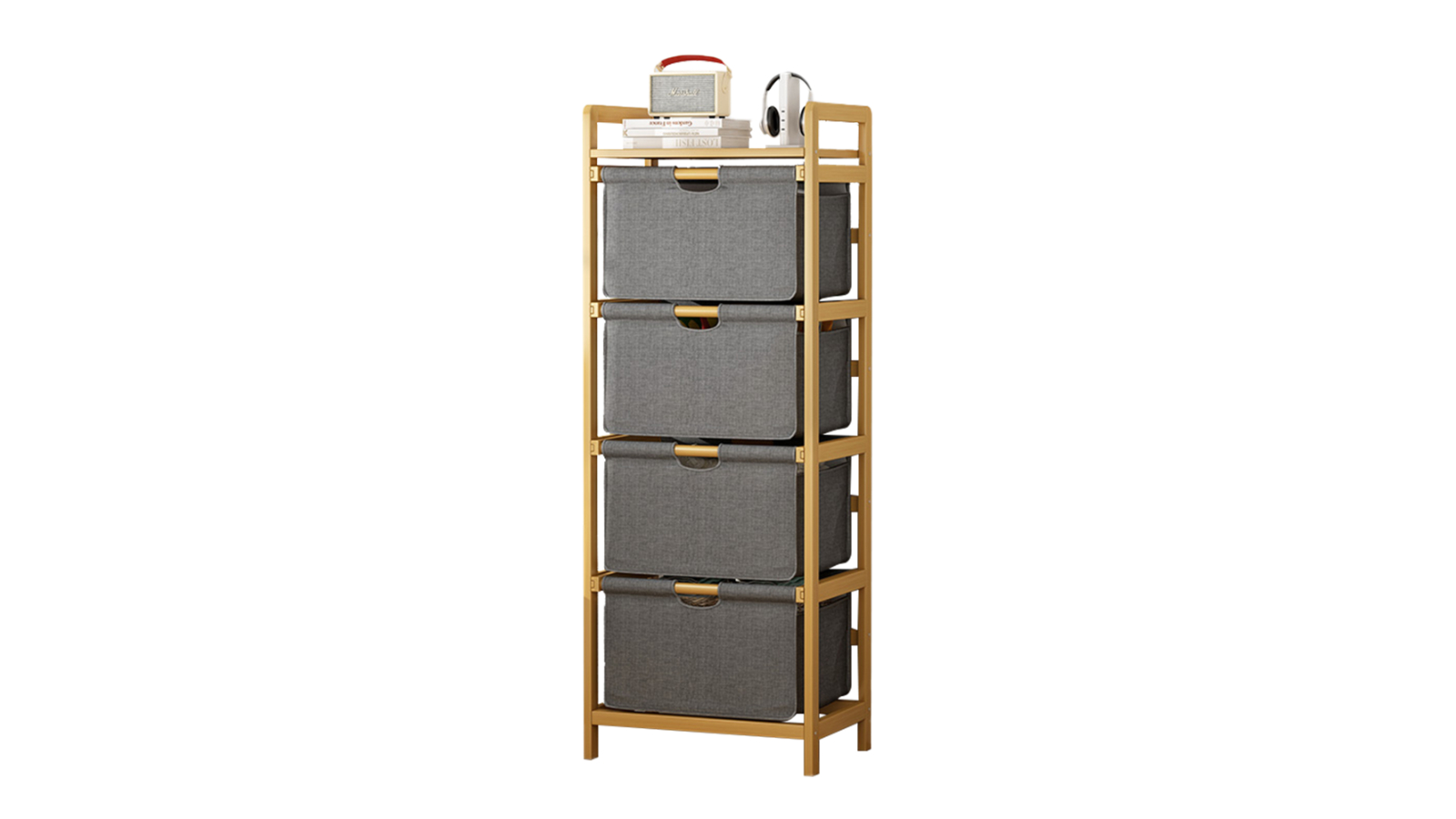 Serrano 4 Layer Bamboo Shelf with Storage Hamper - Wooden Bamboo Removable Bag
