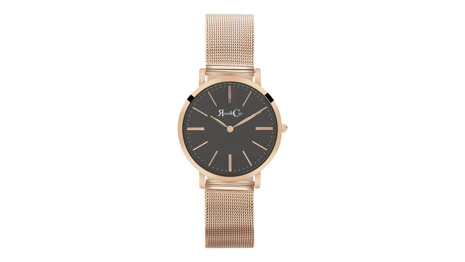 Rose and Coy 3.4cm Mini Pinnacle Ultra Slim Black Dial Mesh Strap Watch - Rose Gold
