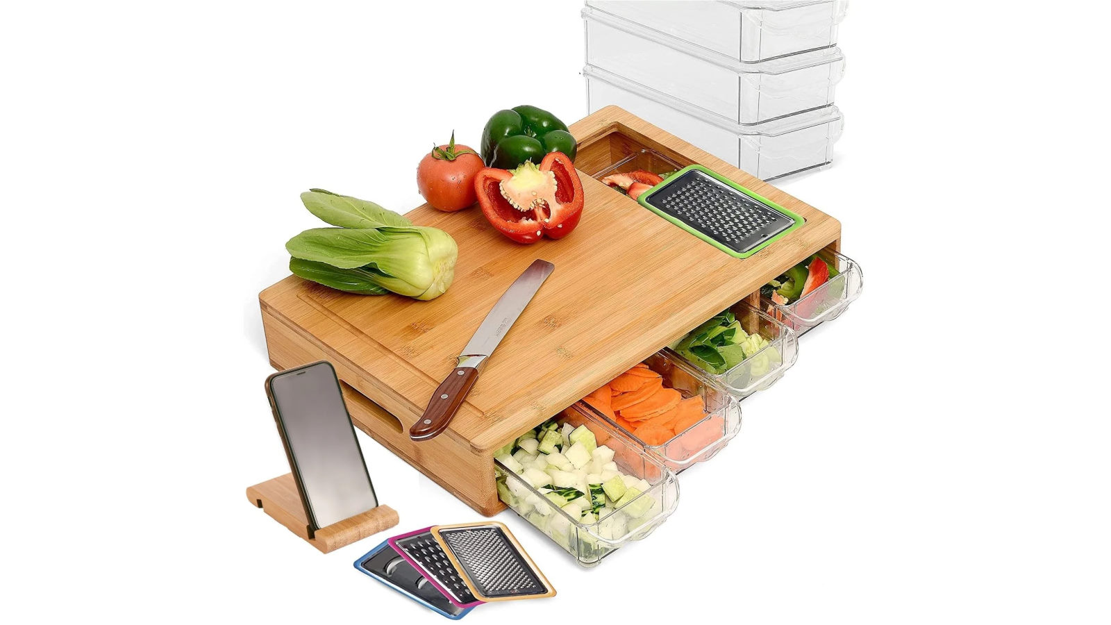 YS Large Bamboo Cutting Board and 4 Containers with Mobile Holder