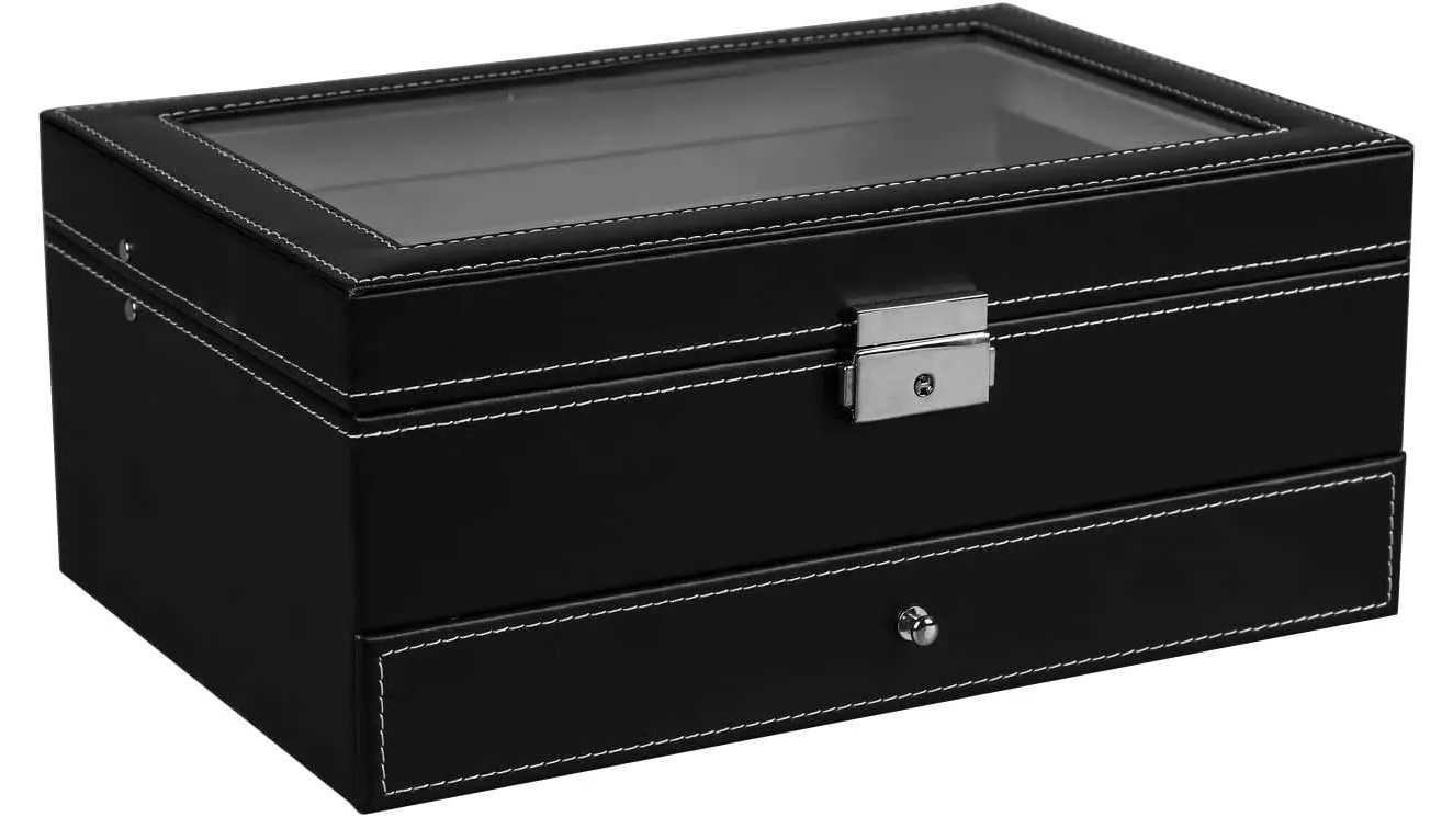 Vikus Black PU Leather Lockable Watch and Jewelry Storage Box with 12 Slots