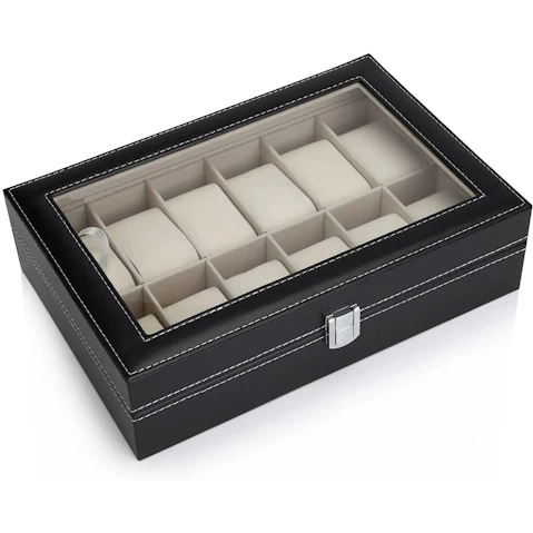 Vikus Black PU Leather Watch Organiser Display Storage Box Cases with 12 Slots
