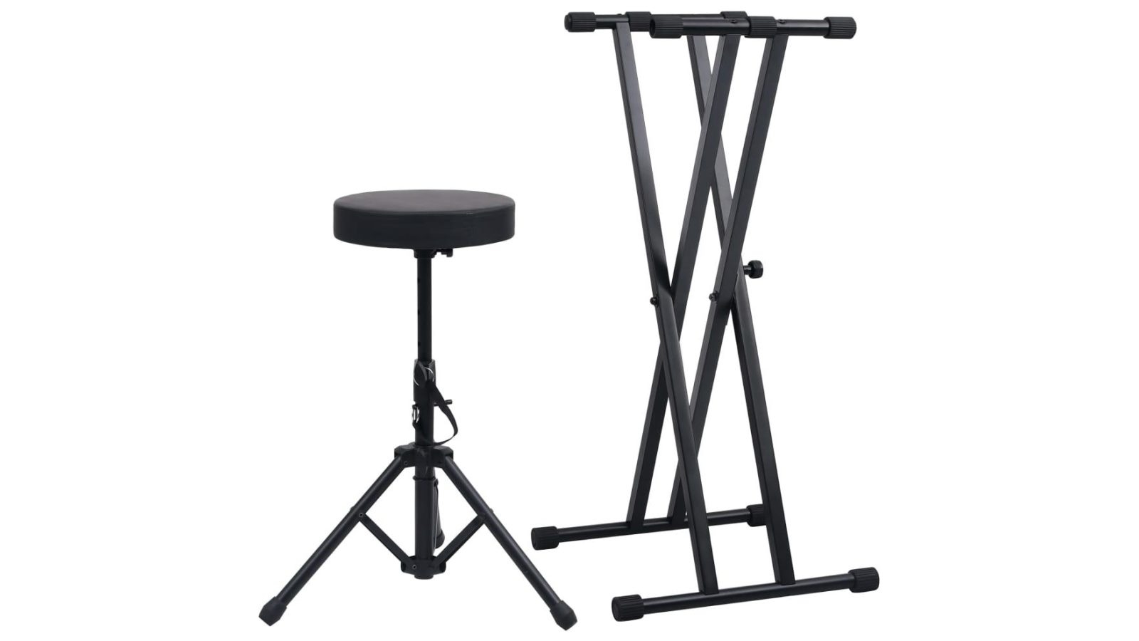 vidaXL Black Double Braced Keyboard Stand and Stool Set