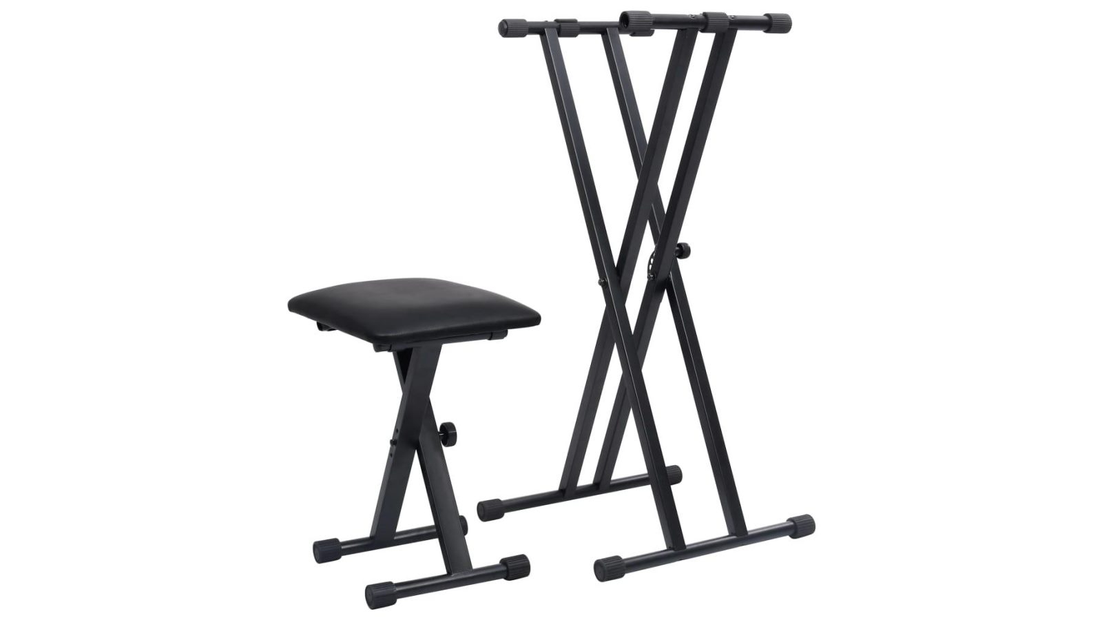 vidaXL Black Double Braced Keyboard Stand and Square Stool Set