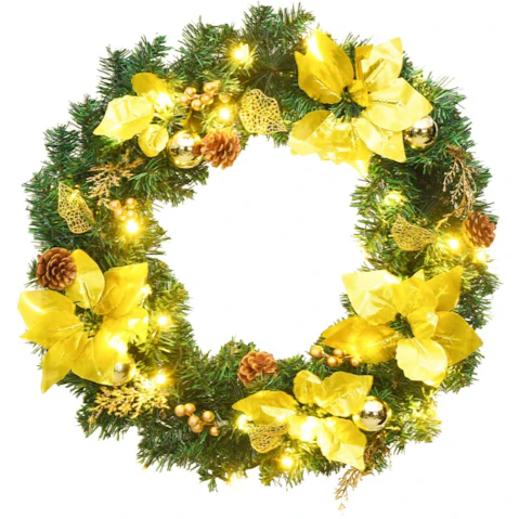 vidaXL Green 60cm PVC Christmas Wreath with LED Light - Gold
