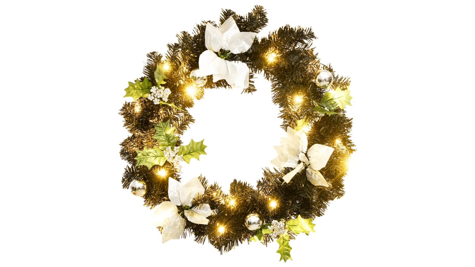 vidaXL 60cm PVC Christmas Wreath with LED Light - Black/Silver