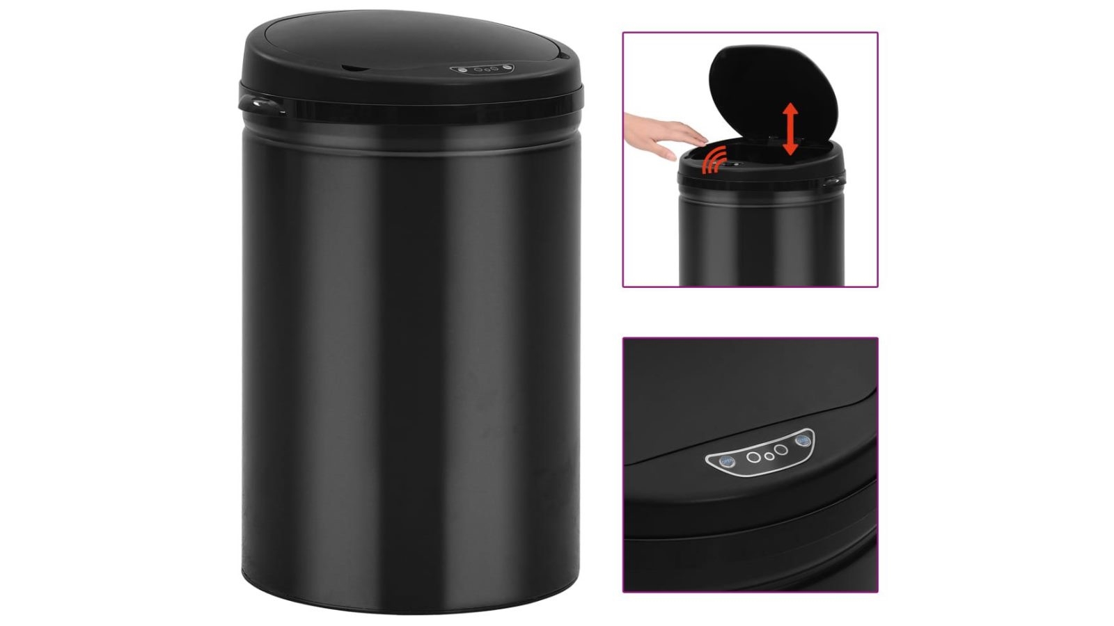 vidaXL 30L Carbon Steel Black Automatic Sensor Dustbin