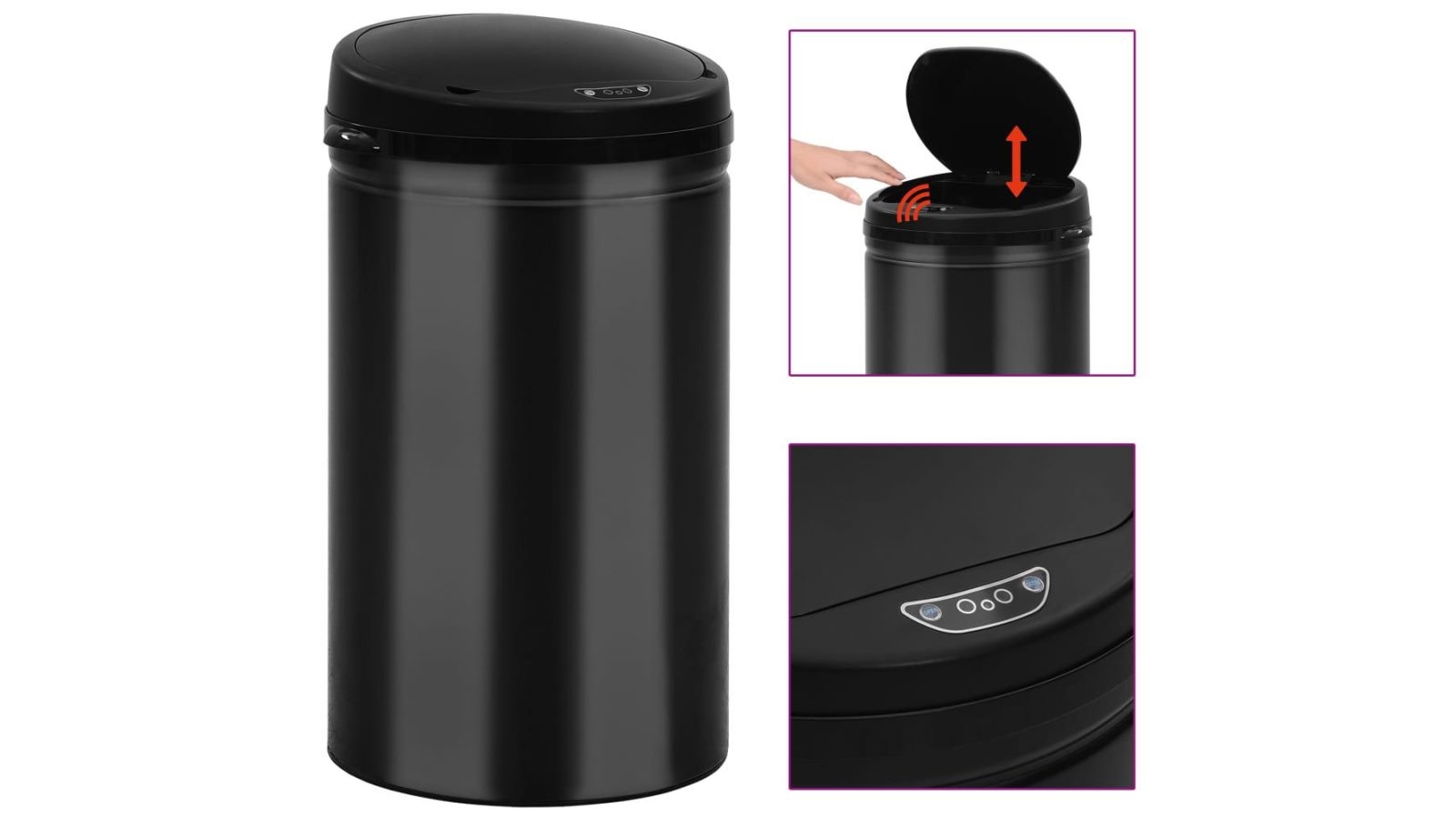 vidaXL 40L Carbon Steel Black Automatic Sensor Dustbin