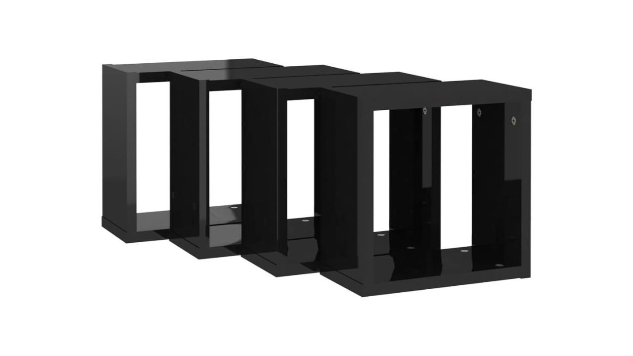 vidaXL 4 Piece High Gloss Black Wall Cube Shelves - 30 x 15 x 30cm