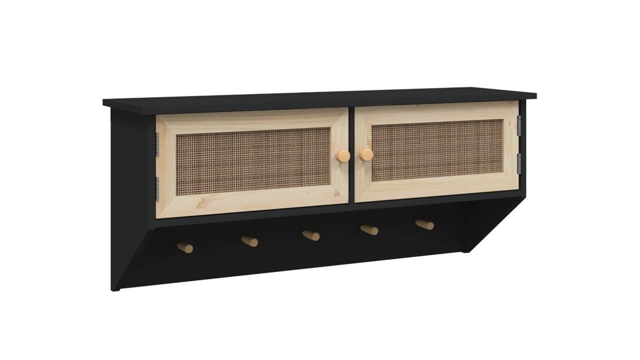 vidaXL Black Engineered Wood and Natural Rattan Wall Mounted Coat Rack