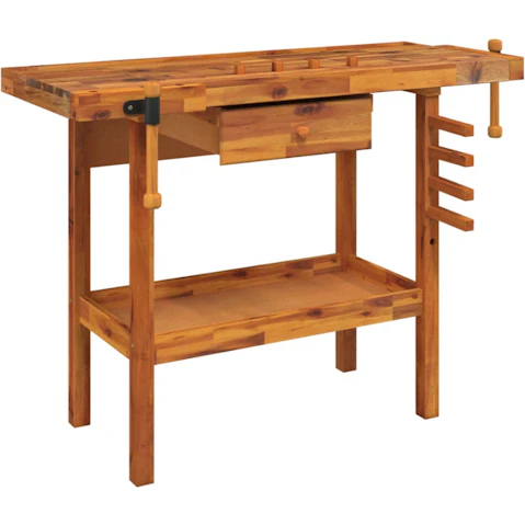 vidaXL Solid Wood Acacia Workbench with Drawer and Vice - 124 x 52 x 83cm
