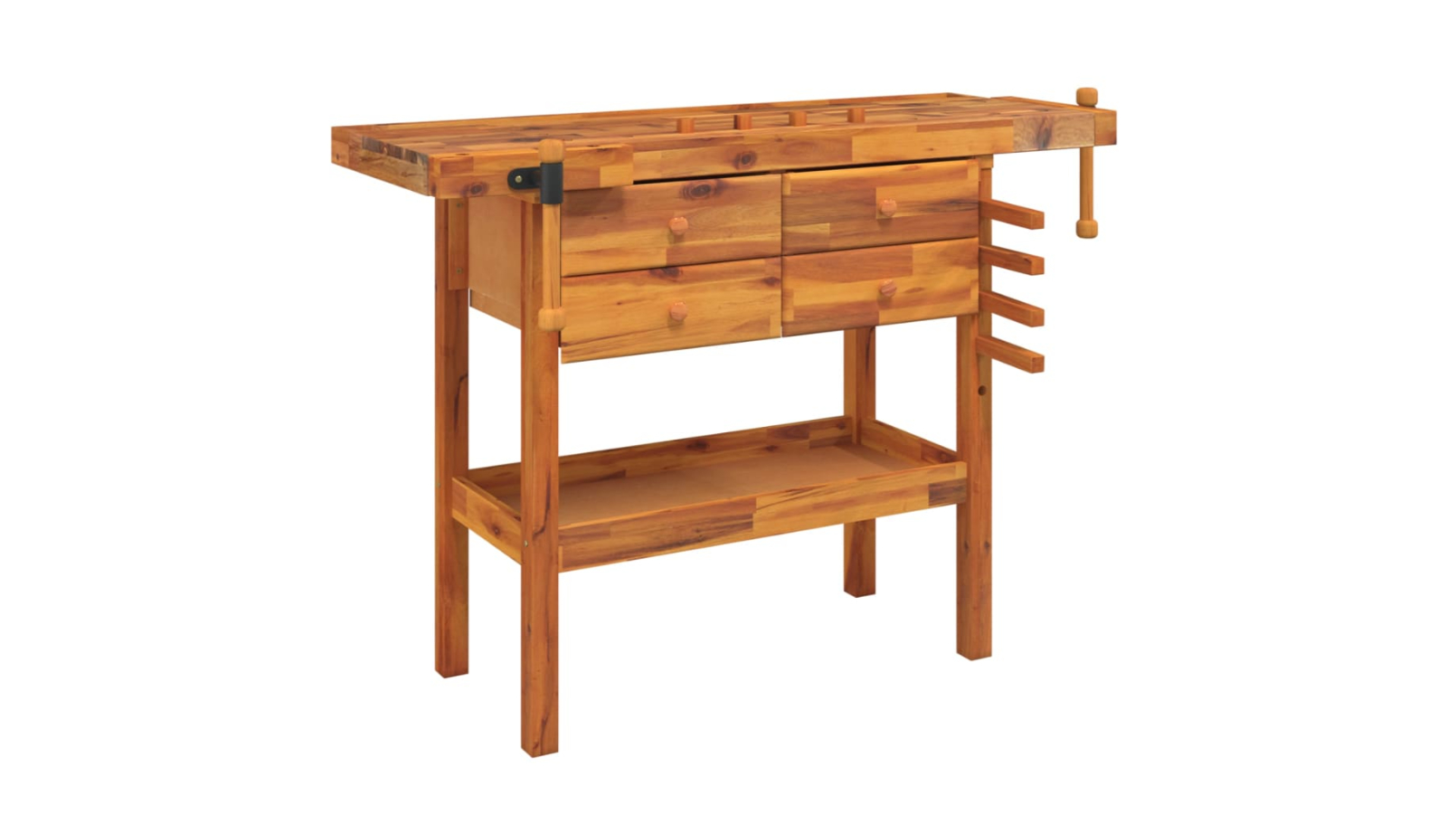 vidaXL Solid Wood Acacia Workbench with 4-Drawer and Vice - 124 x 52 x 83cm