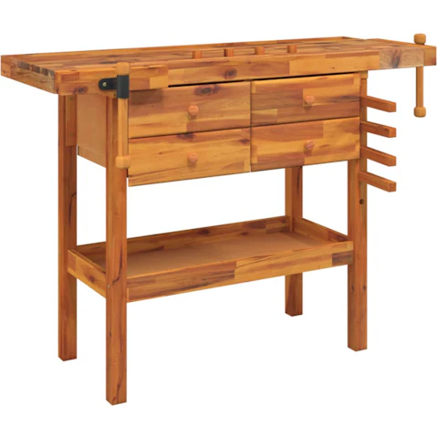 vidaXL Solid Wood Acacia Workbench with 4-Drawer and Vice - 124 x 52 x 83cm