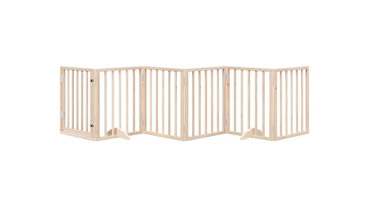 vidaXL 6-Panel Poplar Wood 300cm Dog Gate with Foldable Door - Natural