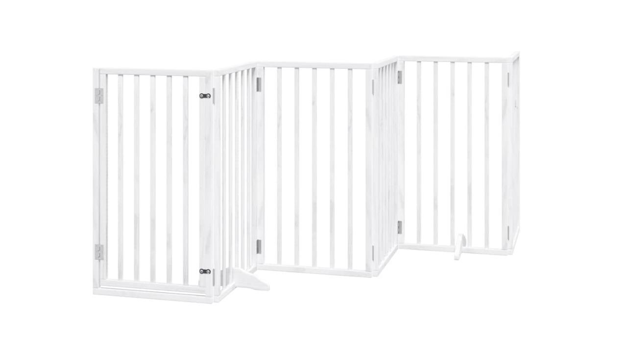 vidaXL White Poplar Wood Dog Gate with 6 Panel Foldable Door - 300cm 