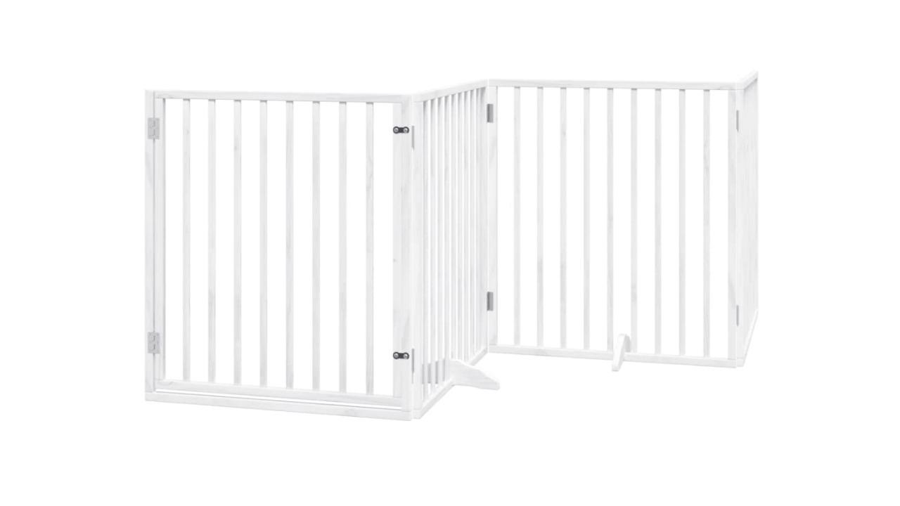 vidaXL White Poplar Wood Dog Gate with 4 Panel Foldable Door - 320cm