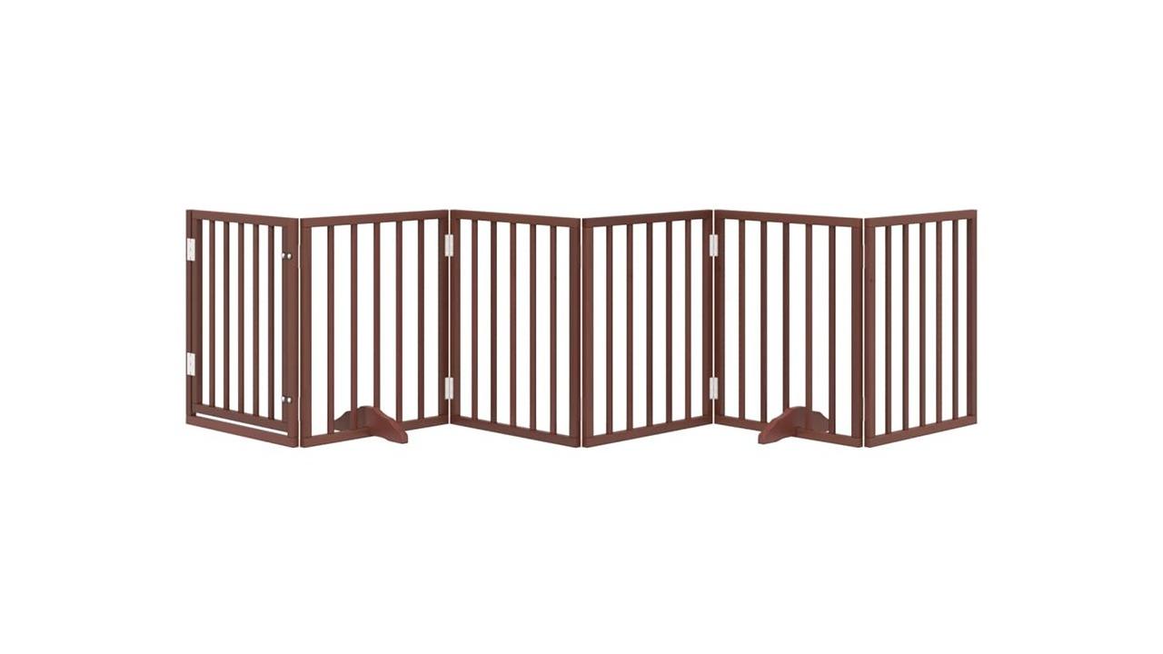 vidaXL 6-Panel Poplar Wood 300cm Dog Gate with Foldable Door - Brown