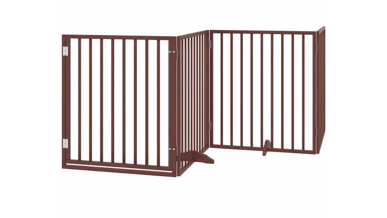 vidaXL Brown Poplar Wood Dog Gate with 4 Panel Foldable Door - 320cm